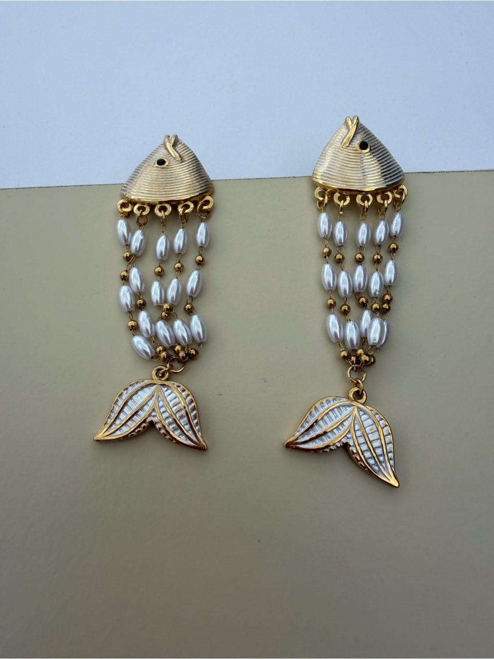Gold and White Beaded Fish Tail Drop Earrings